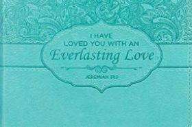 Scripture from Jeremiah 31:3 is featured on this Turquoise "Everlasting Love" handy-sized flexcover journal. The text and the elegant and intricate Jacobean paisley design are debossed into the quality man-made material that has the look and feel of real leather (trade name LuxLeather). The journal has a lay-flat spine and an attached ribbon page marker. Our writing journals are perfect for gift-giving, with a presentation page in the front. Each page carries an inspirational passage.